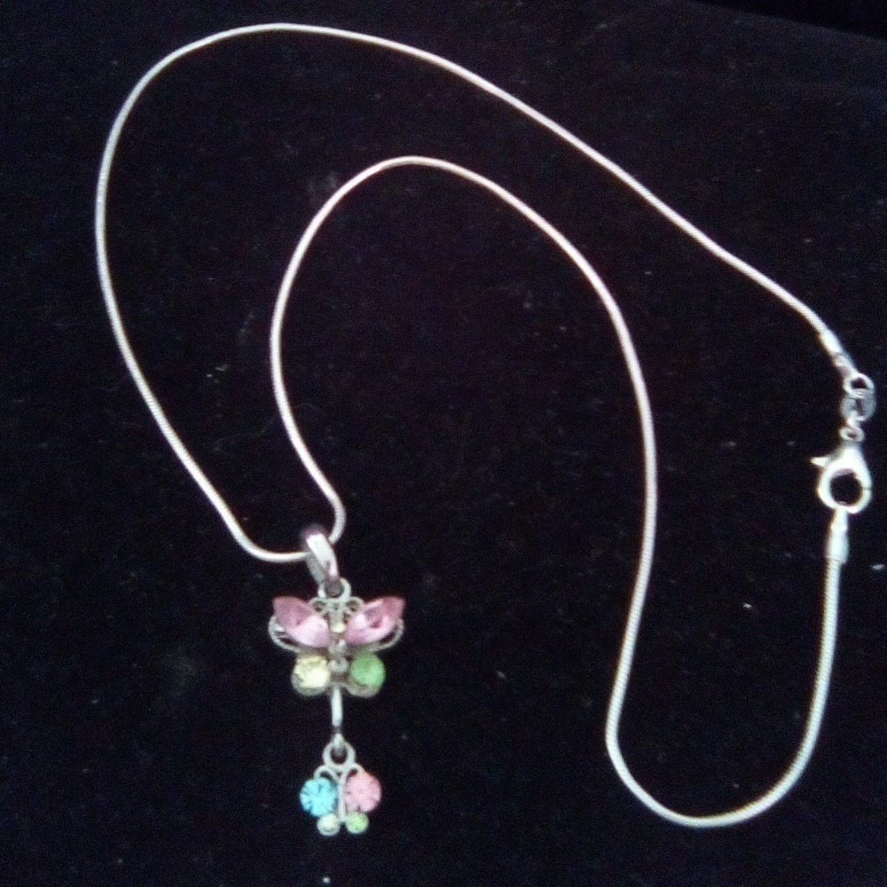 925 Sterling Silver Butterfly Pendant Necklace MultiColor Rhinestone Snake Chain